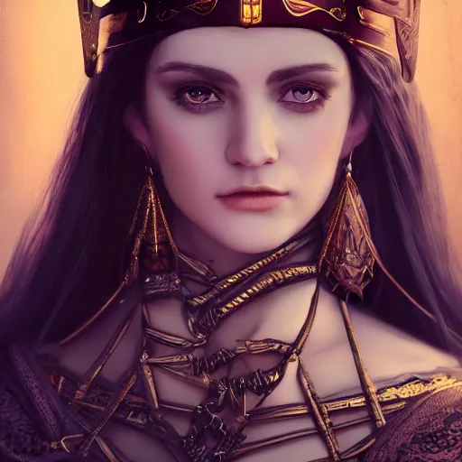 Image similar to beautiful female cleric with long black hair and a golden eye, focus on face, jewellery, fantasy, medieval, still, photograph, highly detailed, cinematic, dramatic, dynamic lighting, award winning, masterpiece, trending on artstation