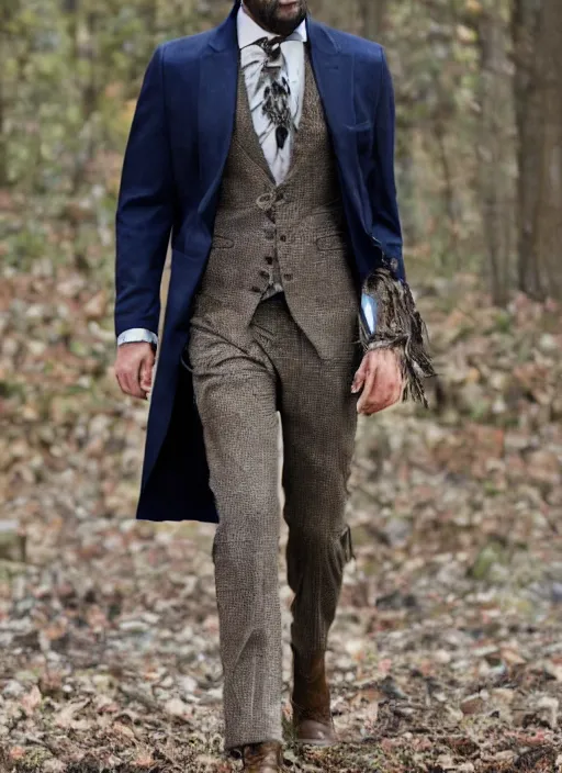 Prompt: Caveman wearing a suit and boots from Carol Christian Poell's latest fall collection