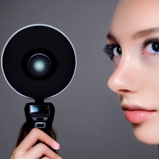 Image similar to professional studio photo of a young girl with too much work done to her face, plastic surgery gone wrong, 8 k, 4 k, 6 4 megapixel, ring light, blurred background