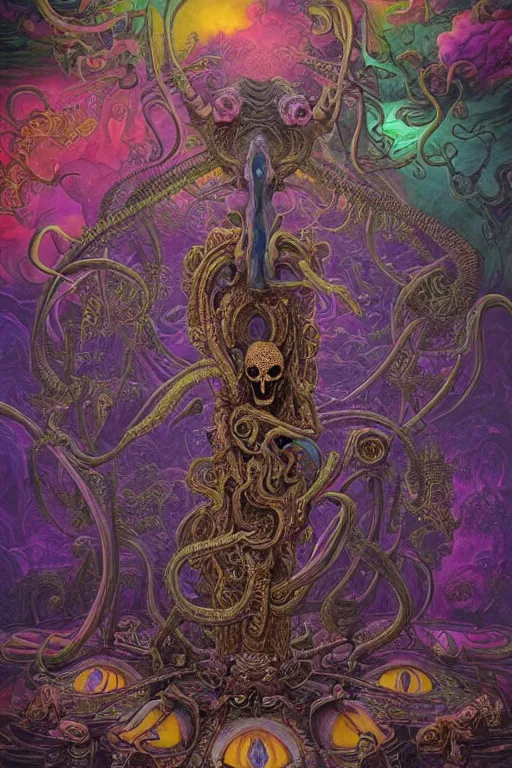 Image similar to gigantic psychedelic demonic cosmic skull, alien tentacles, fantasy painting, mandala, ultra realistic, wide angle, art nouveau, intricate details, ink illustration, rainbowshift, vivid colors, highly detailed by peter mohrbacher, h. r. giger, maxfield parrish, gustave dore, craig mullins, octane render, cgi