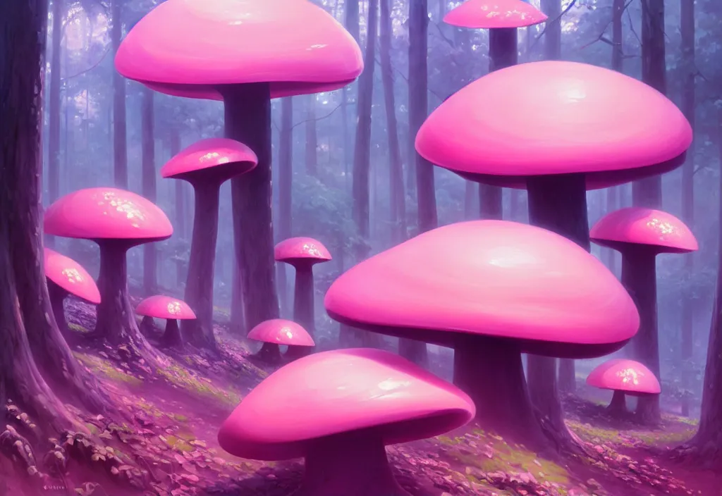 Prompt: futuristic giant pink mushrooms in a forest, intricate oil painting, high detail illustration, sharp high detail, manga and anime 1 9 9 9, official fanart behance hd artstation by jesper ejsing and makoto shinkai, 4 k,
