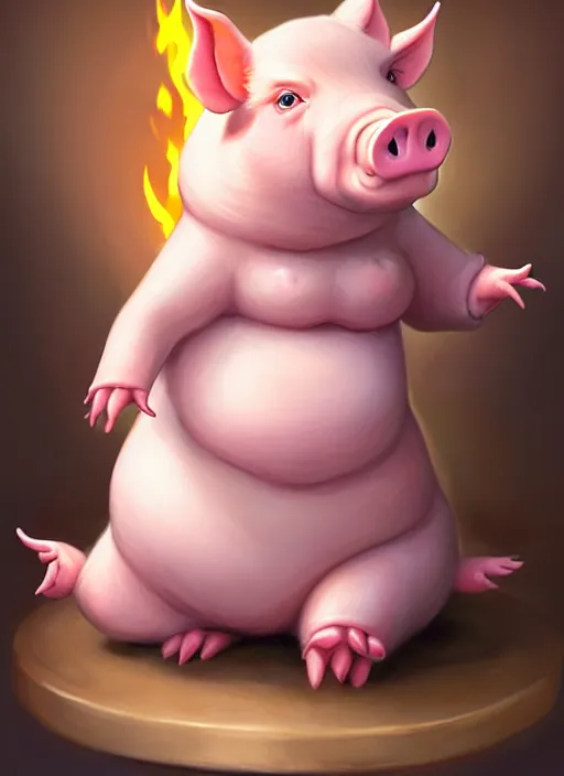 Image similar to Full body Chubby Pig character portrait of a female humanoid pig by Mark Arian. She has a cute beautiful attractive detailed pig snout. She is Sitting on a stove oven where the fire is burning from underneath her visibly. Character design by charlie bowater, ross tran, artgerm, and makoto shinkai, detailed, inked, western comic book art