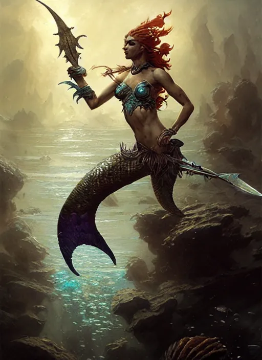 Image similar to a fierce mermaid warrior under water, fantasy character portrait, ultra realistic, concept art, intricate details, highly detailed by greg rutkowski, gaston bussiere, craig mullins, simon bisley