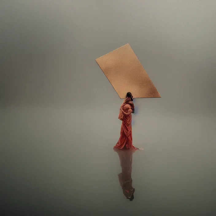 Prompt: a closeup portrait of a woman wrapped in plastic, standing next to a levitating copper triangle, in a foggy lake, color photograph, by vincent desiderio, canon eos c 3 0 0, ƒ 1. 8, 3 5 mm, 8 k, medium - format print