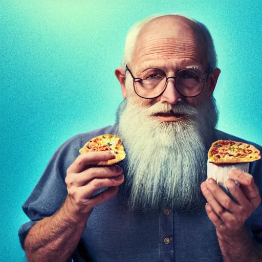 Image similar to of a realistic portrait of an old man, with short beard, very mess hair, sitting in a cough upfront of tv, crashed pop can and empty pizza boxes all over. volumetric light. high resolution. very high details.