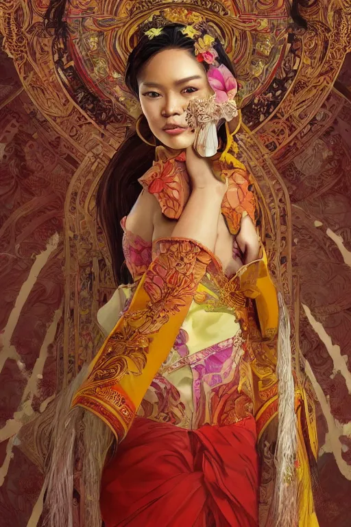 Image similar to portrait of an indonesian supermodels wearing traditional costume, highly detailed, digital painting, artstation, concept art, sharp focus, illustration, art by kittichai rueangchaichan and james gurney and alphonse mucha