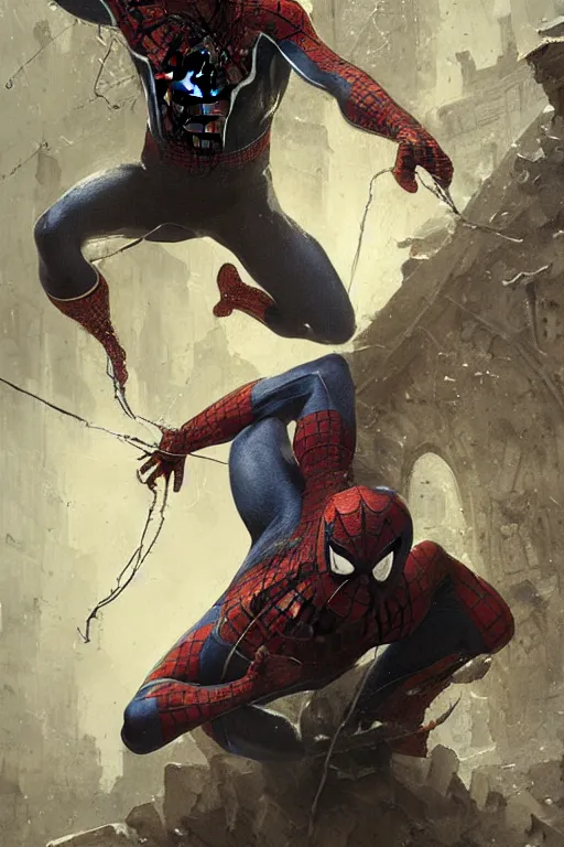 Image similar to spiderman covered with webs, legendary warrior, heroic fighter, decorative ornaments, battle armor, by carl spitzweg, ismail inceoglu, vdragan bibin, hans thoma, greg rutkowski, alexandros pyromallis, perfect face, sharply focused, sharply detailed, centered, realistic shading