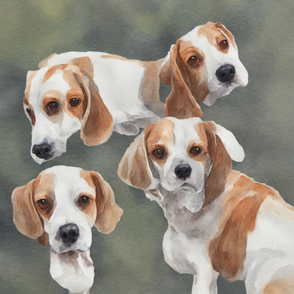 Image similar to water color painting of a white and caramel beagle dog in a backyard, harsh lighting, detailed, trending on artstation, dull pastel colors, bright, god rays, dreamy, trending on artstation