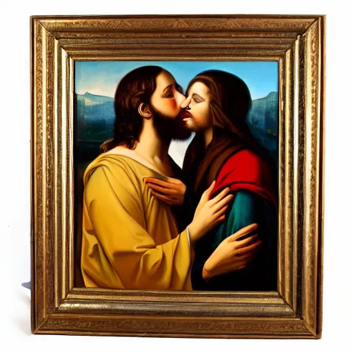 Image similar to 1 8 th oil panting of a jesus kissing a woman