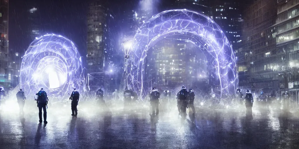 Image similar to policemen protecting a huge spiral - shaped bright white luminous attractor right in the center of the city from protesting people,, rain and light fog, professional lighting, concept art in 3 d, high detail, professional lighting, unreal engine