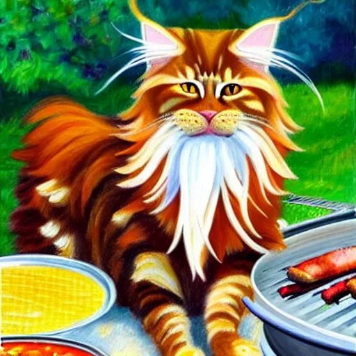 Image similar to beautiful impressionist painting of an ginger maine coon with a white beard cooking a bbq outside