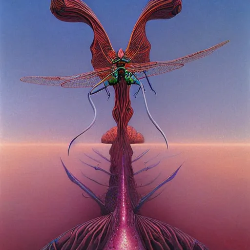 Image similar to cosmic alien dragonflies await you at the end of all of space and time by Gerald Brom and Zdzisław Beksiński