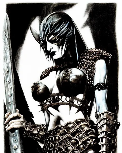 Image similar to portrait of a skinny punk goth sorceress wearing armor by simon bisley, john blance, frank frazetta, fantasy, barbarian