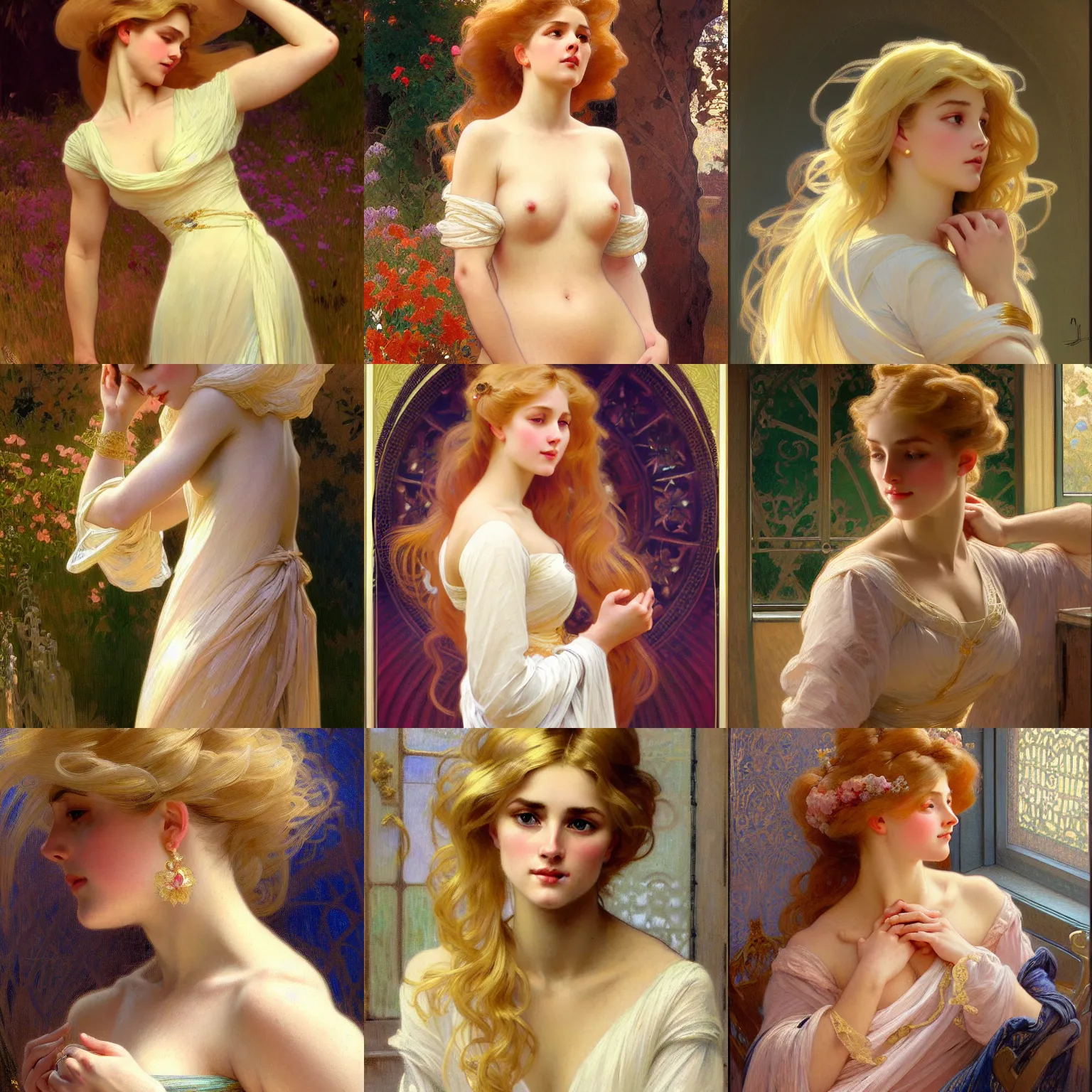 Image similar to painted portrait of a shy wife blessed by god with ever - increasing intelligence beauty virtue and curves. blonde, holy body dressed modestly, light effect. feminine, powerful, in clothes! intricate, elegant, highly detailed, digital painting, artstation, concept art, smooth, sharp focus, illustration, art by gaston bussiere and alphonse mucha