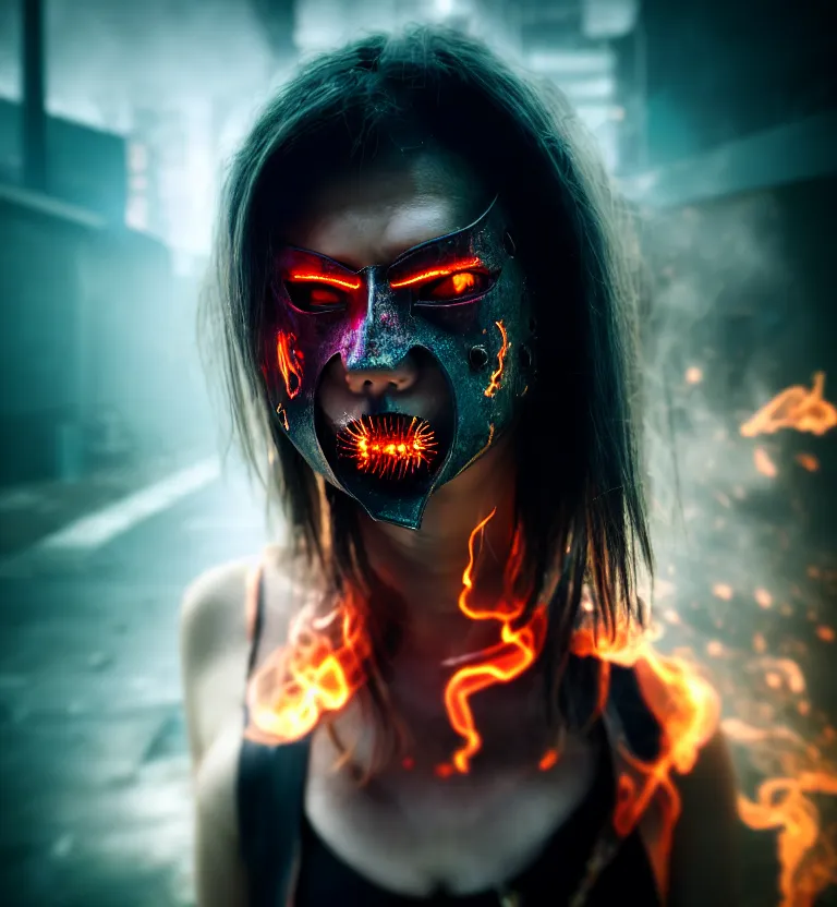 Image similar to a photo close up cyberpunk woman, wearing demon mask, fire dance in cyberpunk dirty alley, smoke mist rain, cyberpunk gunma prefecture, midnight, photorealistic, cinematic color, studio lighting, highly detailed, bokeh, style by tomino - sama