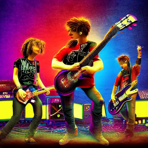 Image similar to merchandise tshirt art of a fictive rockband with 3 dieselpunk robots playing guitar, 8 k, flourescent colors, halluzinogenic, multicolored, exaggerated detailed, front shot, 3 d render, octane