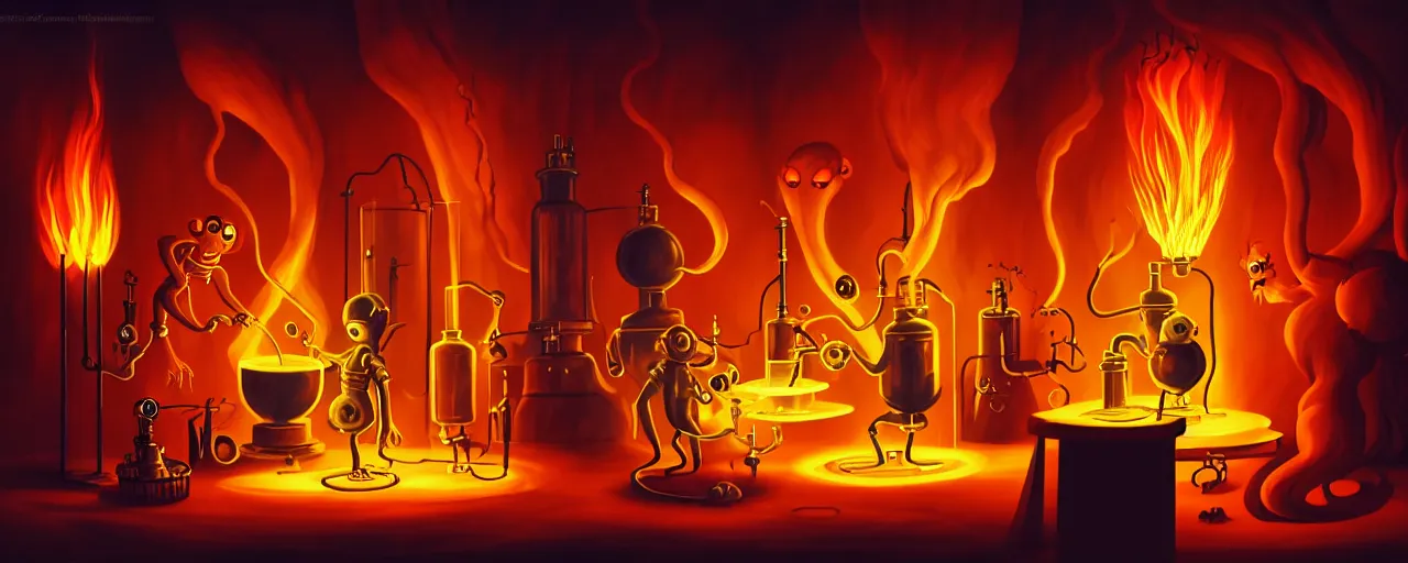 Image similar to uncanny alchemist chthonic creatures in a fiery alchemical lab, dramatic lighting, surreal 1 9 3 0 s fleischer cartoon characters, surreal painting by ronny khalil