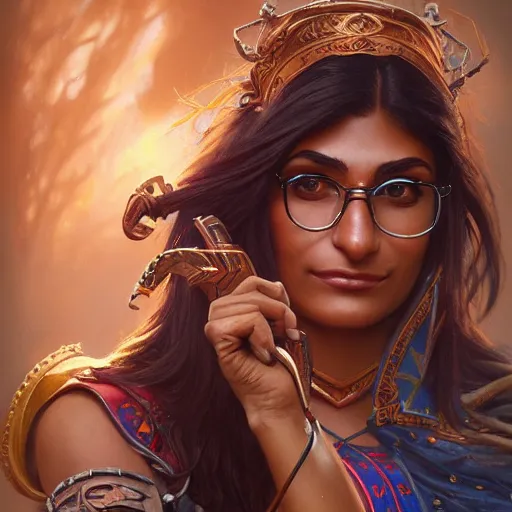 Prompt: mia khalifa fantasy warrior, intricate, highly detailed, digital painting, artstation, concept art, smooth, sharp focus, illustration, unreal engine 5, 8 k, art by artgerm and greg rutkowski and alphonse mucha