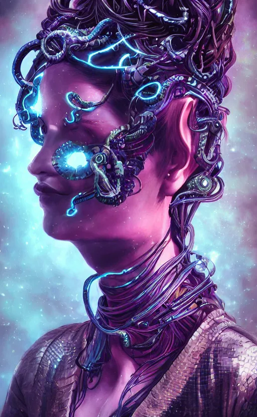 Prompt: An epic fantasy comic book style portrait painting of a very beautiful nebulapunk Medusa with symmetrical facial features and lots of cyberpunk and cybernetic bio-luminiscent snakes as hair, awesome pose, centered, full body, vibrant dark mood, unreal 5, hyperrealistic, octane render, cosplay, RPG portrait, Sci-fi, arthouse, dynamic lighting, intricate detail, cinematic, HDR digital painting, 8k resolution, enchanting, otherworldly, sense of awe, award winning picture, Hyperdetailed, blurred background, airbrush, backlight, 3d rim light, Gsociety, trending on ArtstationHQ, maximalist, dreamscape, Rococo, surreal dark art, iridiscent accents