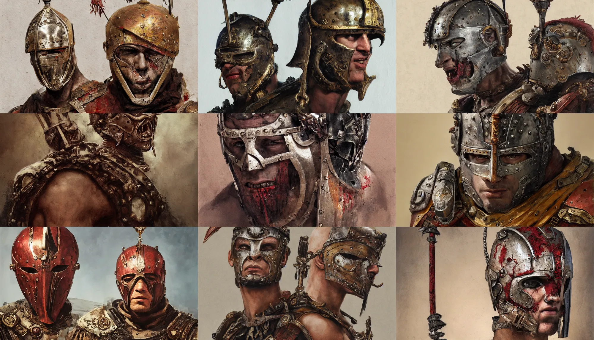 Image similar to A mixed media portrait painting of a man wearing the roman gladiator mask-of-Damocles, detailed mask, detailed jaw and eyes, detailed head and shoulders, dried blood, by Frank Frazetta, Greg Rutkowski, Beeple, Yoko Taro, Christian MacNevin, epic fantasy character art, roman numerals, high fantasy, CGsociety, full length, exquisite detail, post-processing, masterpiece, volumetric lighting, cinematic