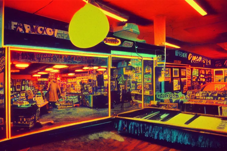 Image similar to Bigfoot shopping, inside of a 1970s music store store, neon lights, dirty, ektachrome photograph, volumetric lighting, f8 aperture, cinematic Eastman 5384 film