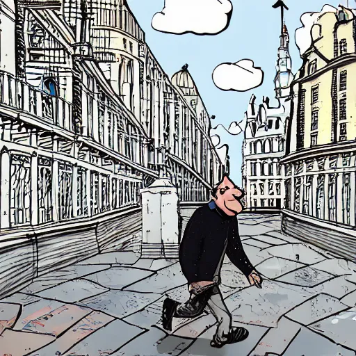 Image similar to a middle aged man explores london, cartoon