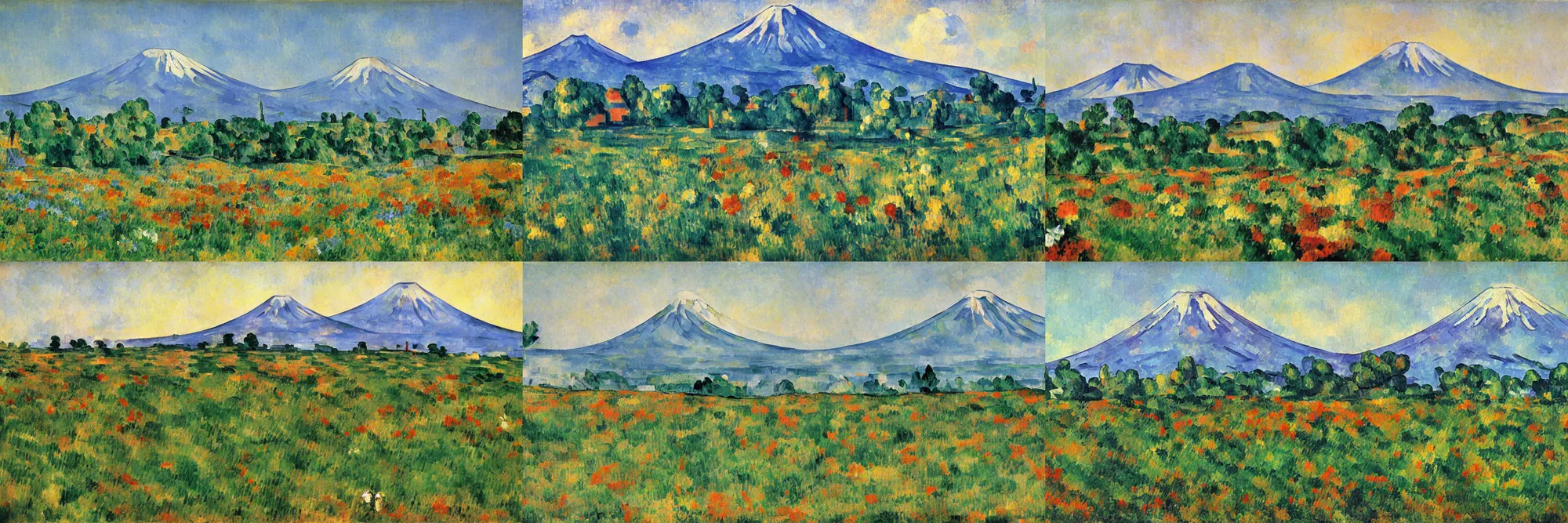 Prompt: Field of mixed flowers, Mount Fuji blurred in the background, good news on Sunday, Cézanne style,XIXth century painting