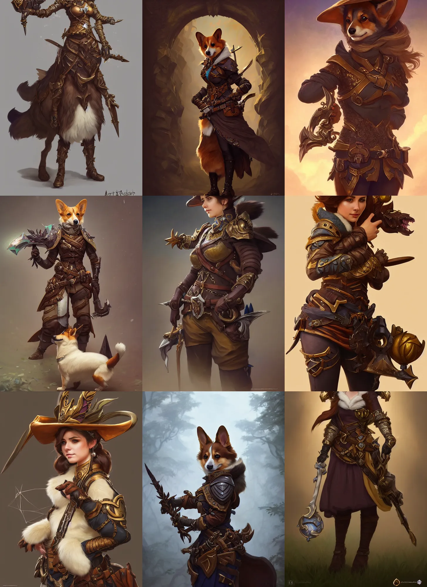 Prompt: full body photography of a female anthropomorphic corgi fursona ranger, deep focus, d & d, fantasy, intricate, elegant, highly detailed, digital painting, artstation, concept art, matte, sharp focus, illustration, hearthstone, art by artgerm and greg rutkowski and alphonse mucha