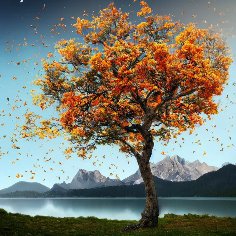 Image similar to a beautiful awesome artistic tree with falling flowers like leaves and many birds, all in the amazing outdoors view, mountain in the background, lake, long exposure, 8 k resolution, trending on artstation