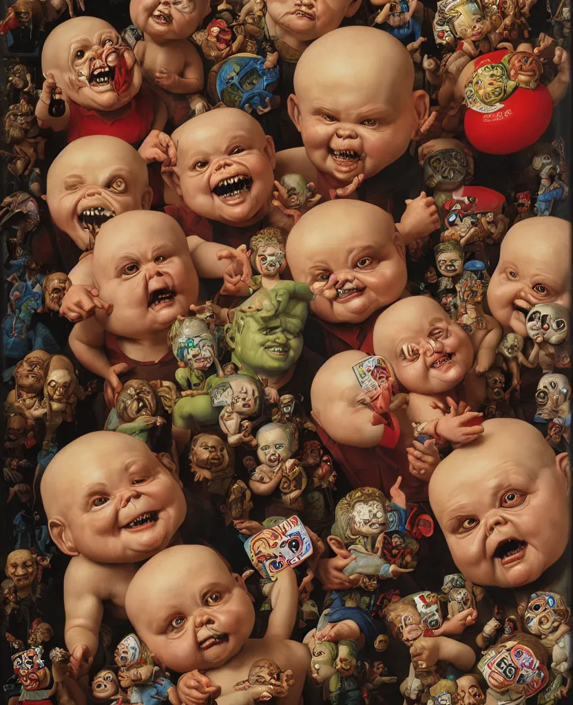 Prompt: a painting of a garbage pail kids ceramic toys catalog, a flemish baroque by dino valls, trending on zbrush central, classical realism, flemish baroque, hyper realism, chiaroscuro