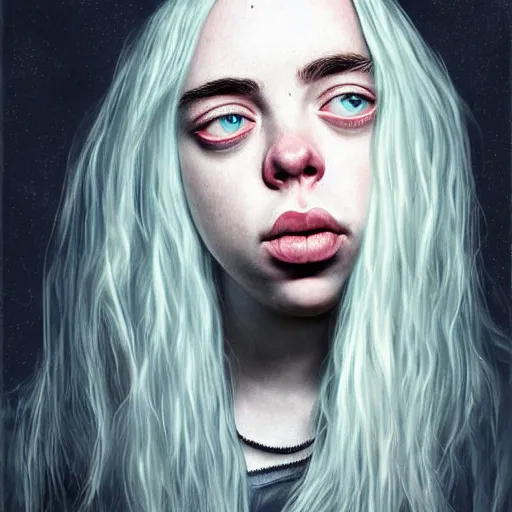 Prompt: cartoon painting of billie eilish by michal karcz