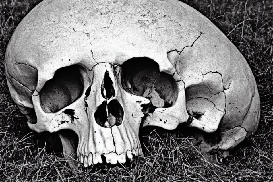 Prompt: archaeologists have unearthed a very large human skull, 1 9 7 0's vintage photo, frosted texture.