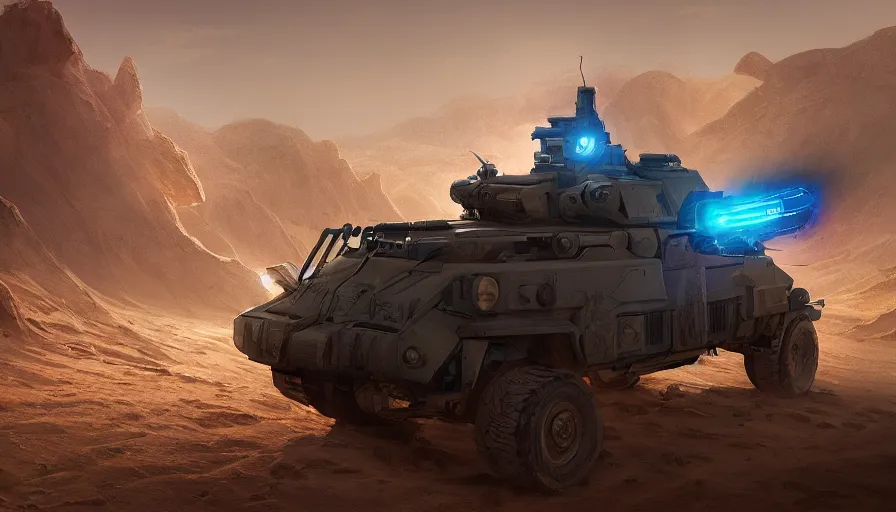 Image similar to an image of an armored vehicle in the desert with blue headlights on by Paul Chadeisson, atmospherical, concept art, high detail, intimidating , cinematic, sun flare, Artstation trending, octane render