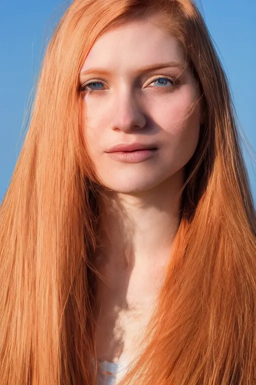 Image similar to head shot photo of a strawberry blonde female model in her twenties, silky straight hair, wearing a designer top, looking content, photo realistic, extreme detail skin, natural beauty, no makeup, no filter, slr, golden hour, 4 k, high definition, selfie