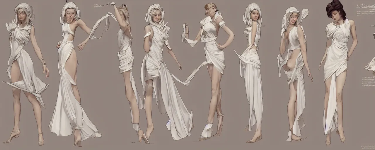 Prompt: character design, reference sheet, ancient white dress, relaxing, cute, super tale, slim, young female, happy, beautiful, elegant, no shoes, open v chest clothes, long dark hair, concept art, photorealistic, hyperdetailed, 3d rendering! , art by Leyendecker! and constable,