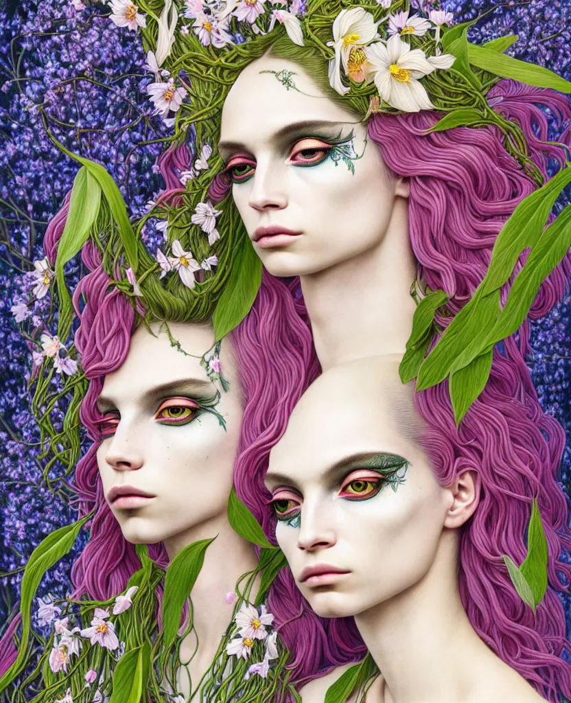 Image similar to the androgynous deity of Spring, 1 figure only, looks a blend of Grimes, Lana Del Rey, Aurora Aksnes, and Zoë Kravitz, made entirely out of flora and fauna, in a style combining Botticelli, Möbius and Æon Flux, surrealism, stunningly detailed artwork, hyper photorealistic 4K, stunning gradient colors, very fine inking lines