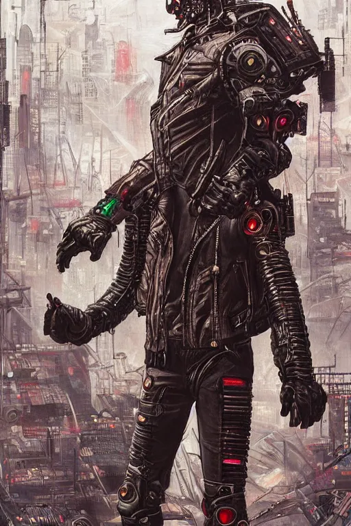 Prompt: a high hyper detailed painting with many textures and of a rebellious and punk humanoid cyborg p with leather jacket has expressions of anger and hate and wants to destroy the city of pollution and pollution, cyber punk dystopian art