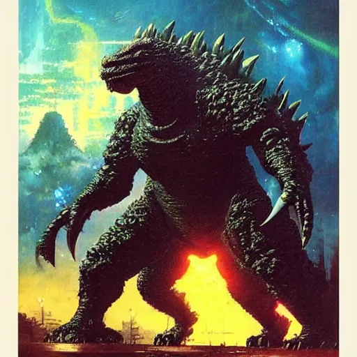 Image similar to a large anthropomorphic godzilla shaped mecha by paul lehr and moebius