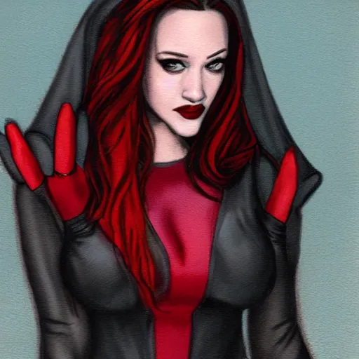 Prompt: Kat Dennings as Scarlet Witch, artist Kenny Tham