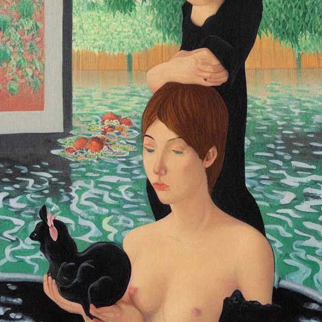 Image similar to tall female emo artist holding a pig in her flooded bathroom, water gushing from ceiling, painting of flood waters inside an artist's bathroom, a river flooding indoors, pomegranates, pigs, ikebana, zen, water, octopus, river, rapids, waterfall, black swans, canoe, berries, acrylic on canvas, surrealist, by magritte and monet