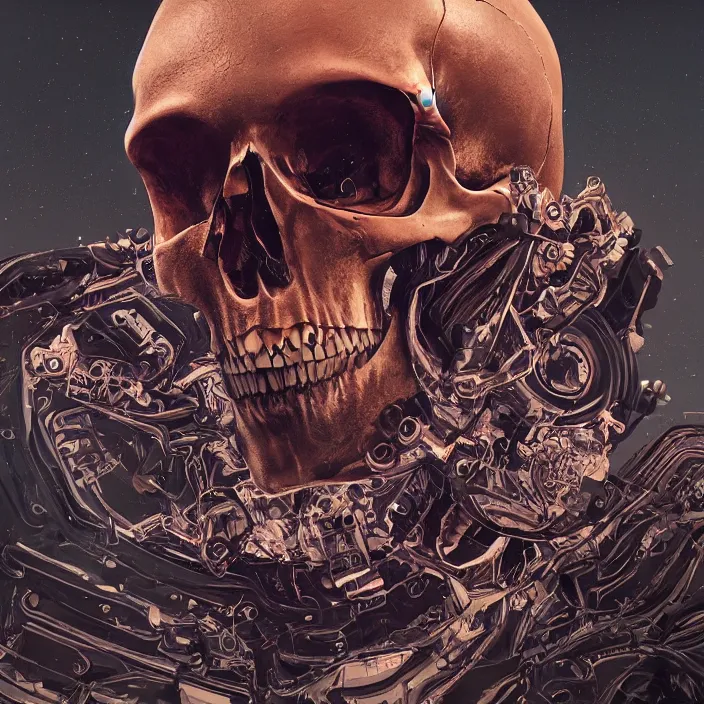 Image similar to portrait of a skull in a racing suit. intricate abstract. intricate artwork. nightmare fuel. by Tooth Wu, wlop, beeple, dan mumford. octane render, trending on artstation, greg rutkowski very coherent symmetrical artwork. cinematic, hyper realism, high detail, octane render, 8k, iridescent accents