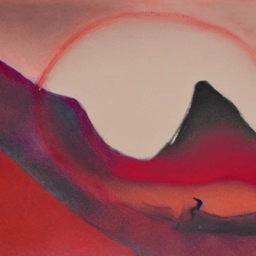 Image similar to a paint and pastel - on - board piece that shows a central androgynous figure against a blood - red sky. the person's mouth is open wide in a silent scream, while their eyes are black voids. they are surrounded by two other people, one of whom is also screaming. the background is a jagged landscape with mountains and water.