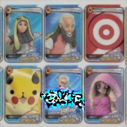 Image similar to pokemon cards with snooki, joe biden, nicki minaj, kim kardashian, osama bin laden, pokemon anime style, hd 8k image high detail, at target