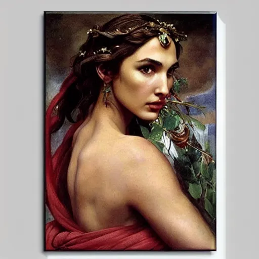 Image similar to Head and shoulders masterpiece portrait oil painting of the beautiful goddess Gal Gadot as Persephone, she is wearing roman clothes and a surreal jewelry, her hair is natural disheveled, she is approaching heaven over the clouds, naturalism, dramatic lighting, high-detailed oil painting by Ilya Repin, Michelangelo da Caravaggio, William Blake, Alex Grey and Beksinski, trending on Artsation, hystorical painting, naturalism, masterpiece, 4k, 8k,