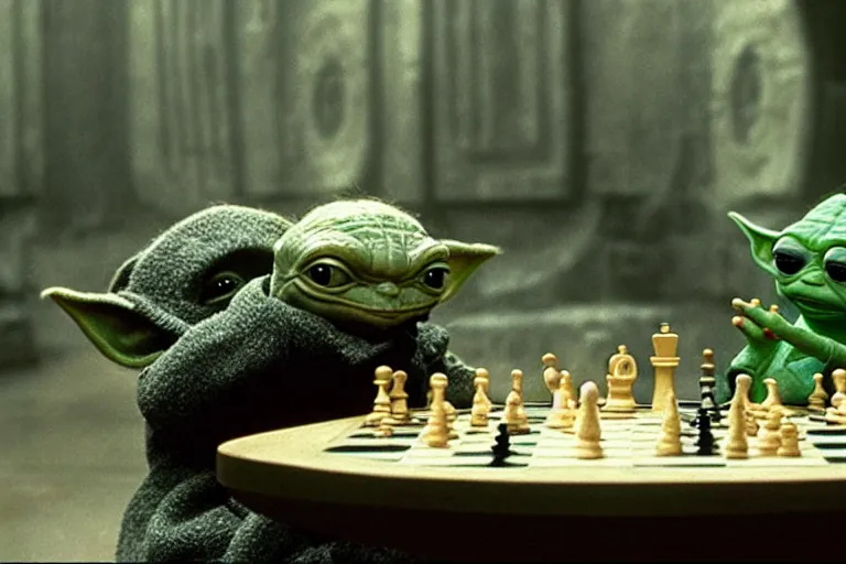 Prompt: pepe the frog and yoda playing chess in a scene from'the empire strikes back ', hyper realistic, great depth of field cinematic