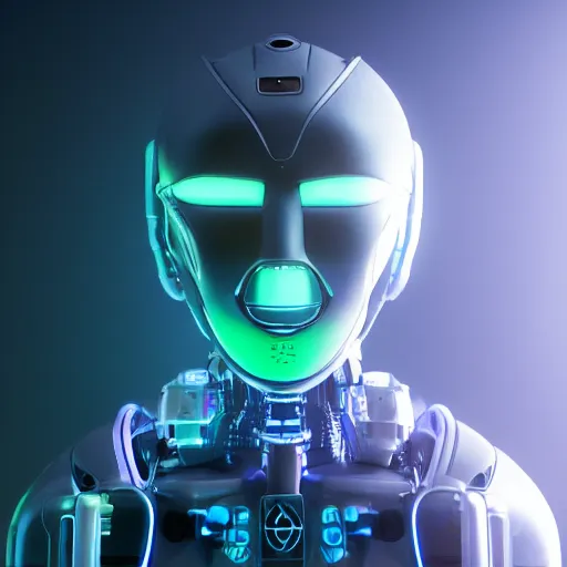 Image similar to portrait of a faceless robot,, neon highlights, dark, blue glowing background lighting, hyper detailed, science fiction, 4 k octane render