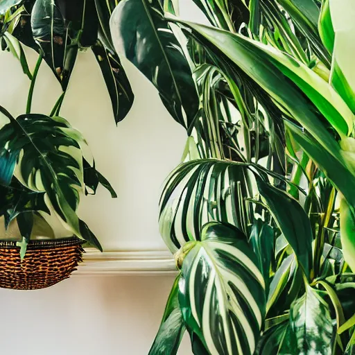 Prompt: cat hiding behind a potted philodendron plant by nxoeed