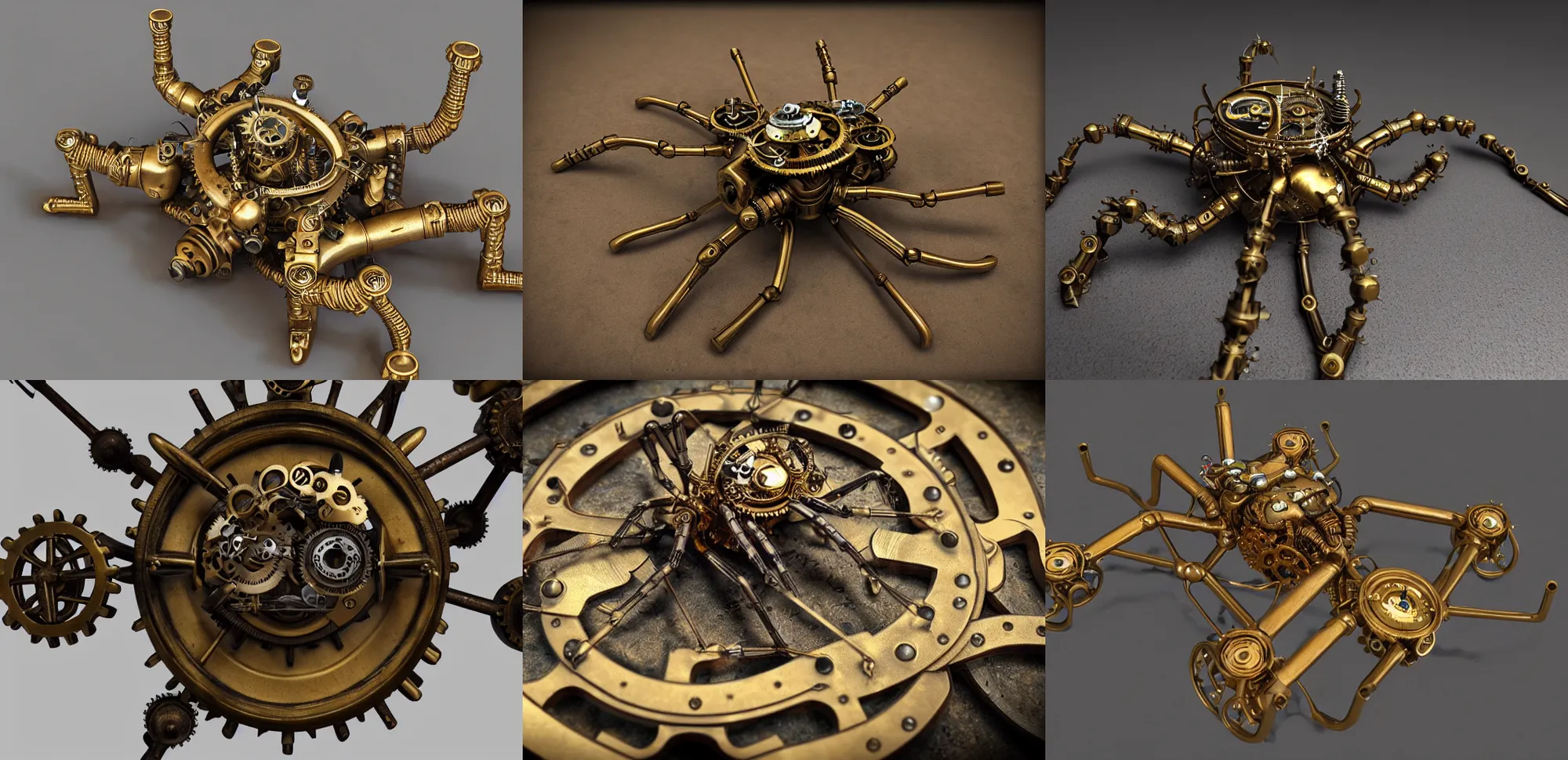 Prompt: symmetrical brass steampunk spider. clockwork. gears, pipes. goggles. rivets. octane render. highly detailed.