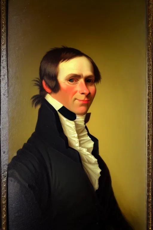 Image similar to a head and shoulders portrait painting of an anthropomorphic!!!!!!!!!! donkey!!!!!!!!!! wearing a colonial outfit without a hat looking off camera, a character portrait, american romanticism, oil on canvas, soft focus