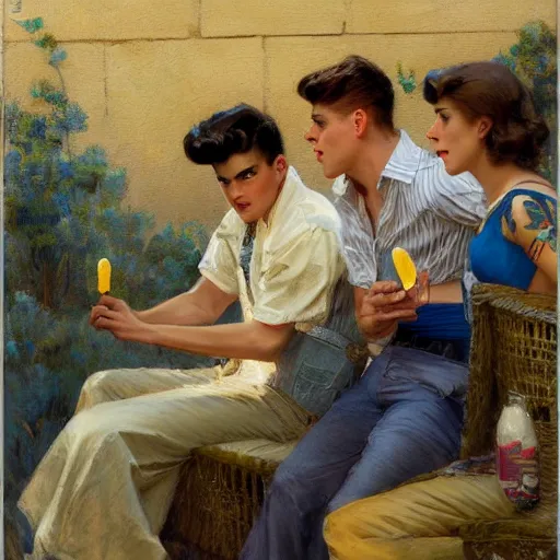 Image similar to three male teens wearing rockabilly outfits and eating lemon popsicles while looking at a woman by gaston bussiere, craig mullins, j. c. leyendecker 8 k